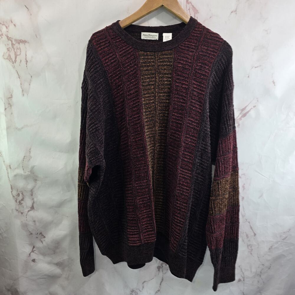 Vintage Sweater Mens XXL Maroon Crew Neck 90s 80s Chenille Wool Blend Distressed